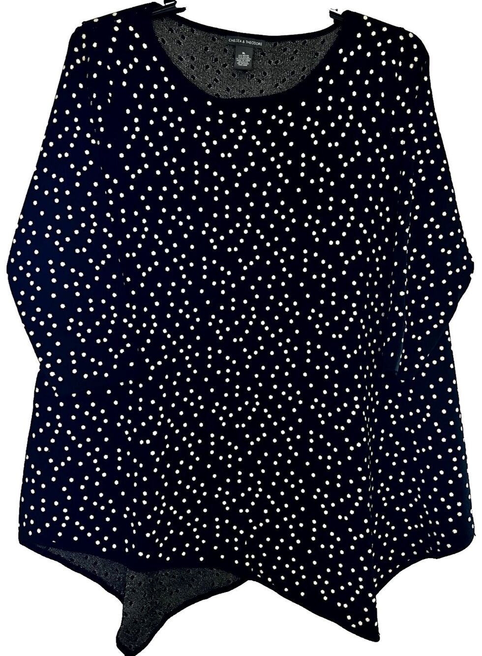 Chelsea Theodore Black White Polkadots Knit Top Asymmetrical Hem Size XL